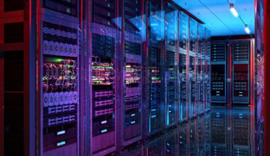 A row of server racks in a data center.
