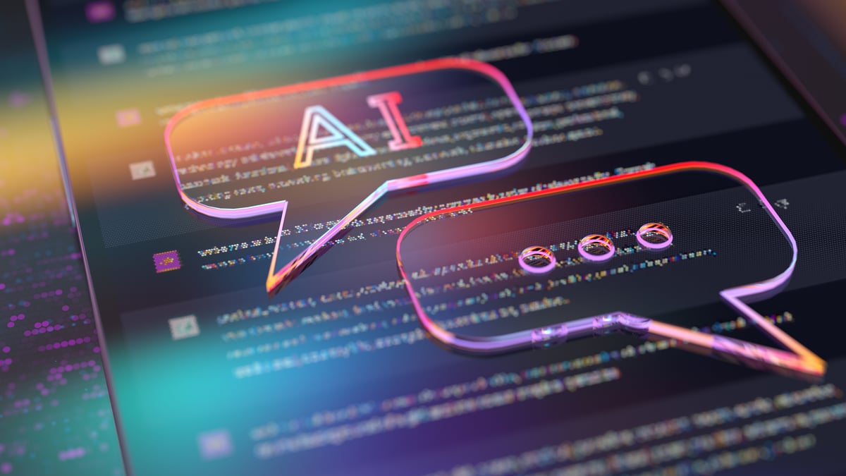 Iridescent AI text bubbles on a digital screen.