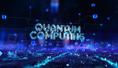Neon QUANTUM COMPUTING sign floats in a sea of qubits.