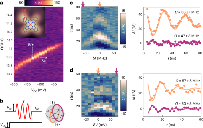 Fig. 3: Spin–electric Rabi detuning on an Fe–FePc complex.