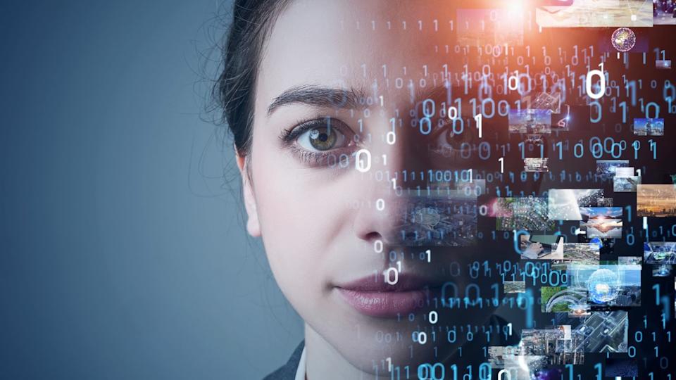 AI with a human face, loaded with information.