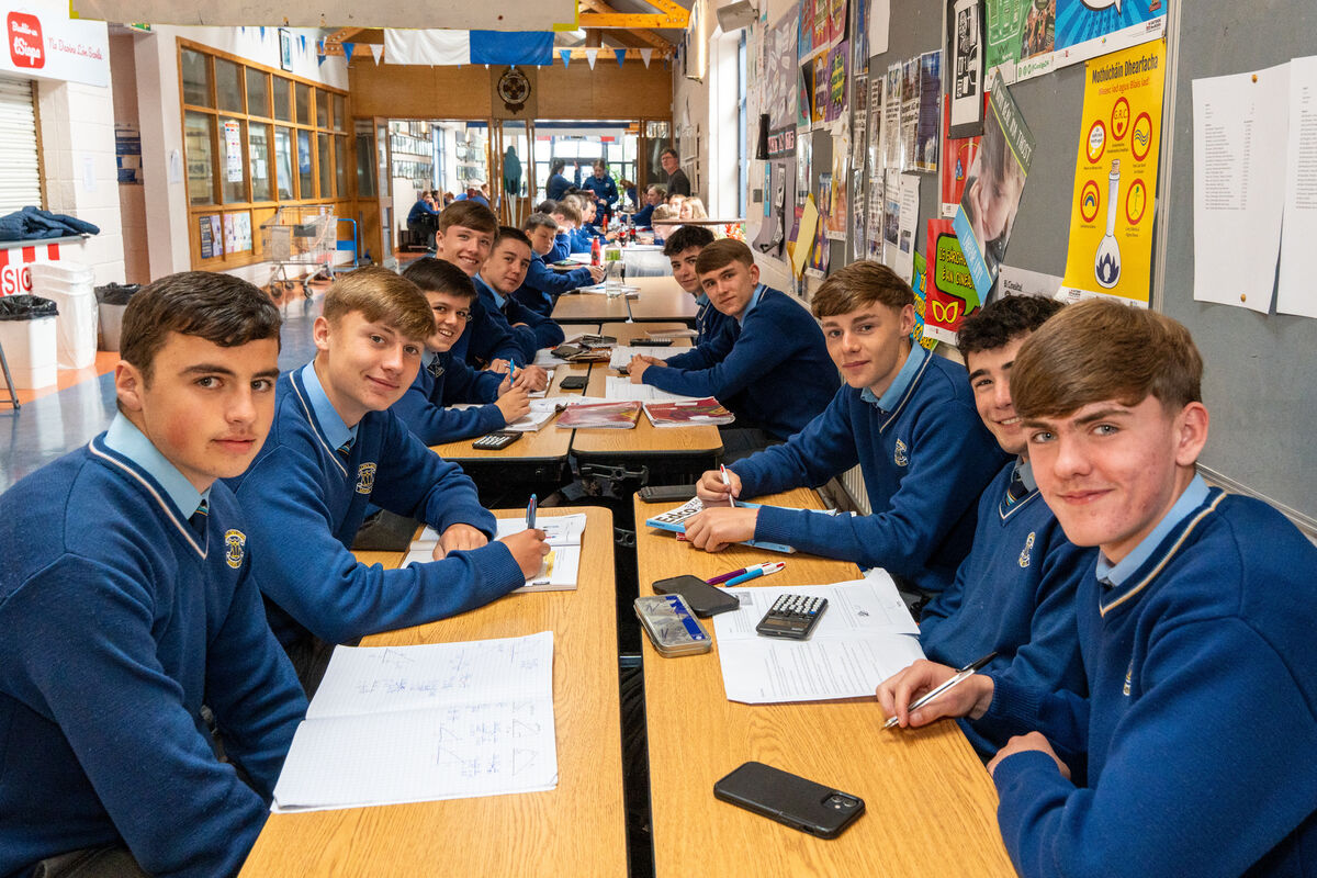 Earlier today we caught up with Leaving Cert students of Gaelcholáiste Mhuire AG studying hard before their Maths Higher Level Paper 1. Picture: Noel Sweeney
