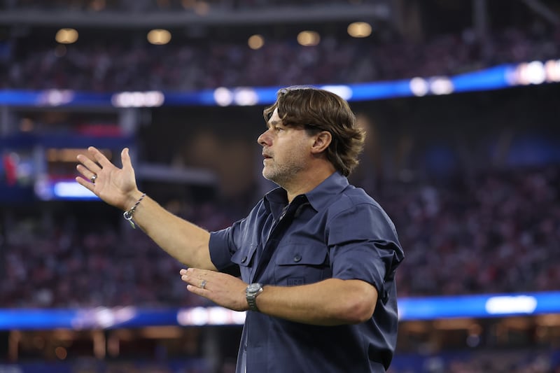 Mauricio Pochettino gestures during the World Cup group D match against Paraguay in Los Angeles. Photograph: Alex Livesey/Getty