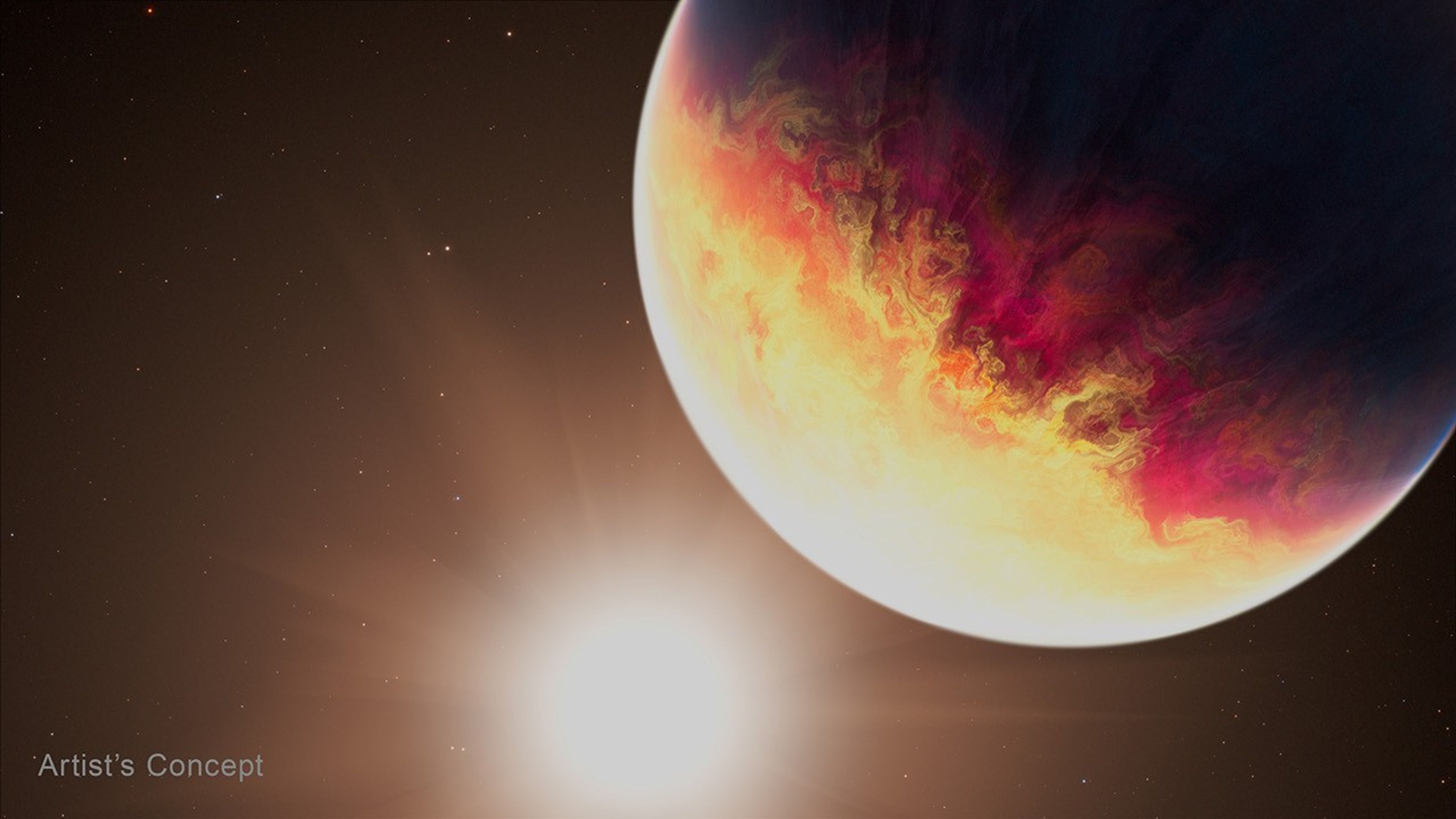 Illustration of a planet and a star, labeled artist’s concept at the bottom left. The planet fills more than a quarter of the image to the upper right, with the bright star to its lower left. The planet is white hot on the star side, fading to yellow that mixes with swirls of bright red across its middle, and eventually fading to black on the side most distant from the star. Distant stars dot the background of space, which is black near the edges of the frame.
