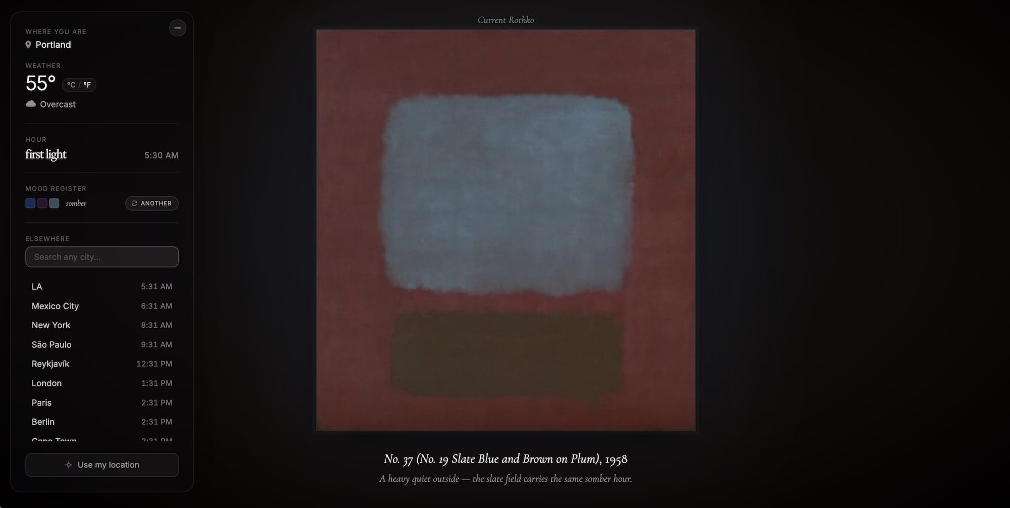 a website screenshot of a basic weather report for Portland, Oregon, featuring a muted burgundy and blue painting by Mark Rothko