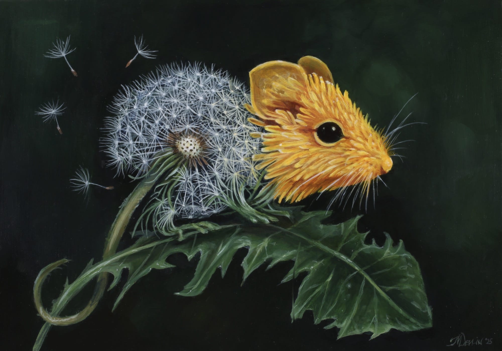 an acrylic painting of a small mouse on a dandelion leaf, with its head and body composed of the dandelion's flower in both yellow and seed form