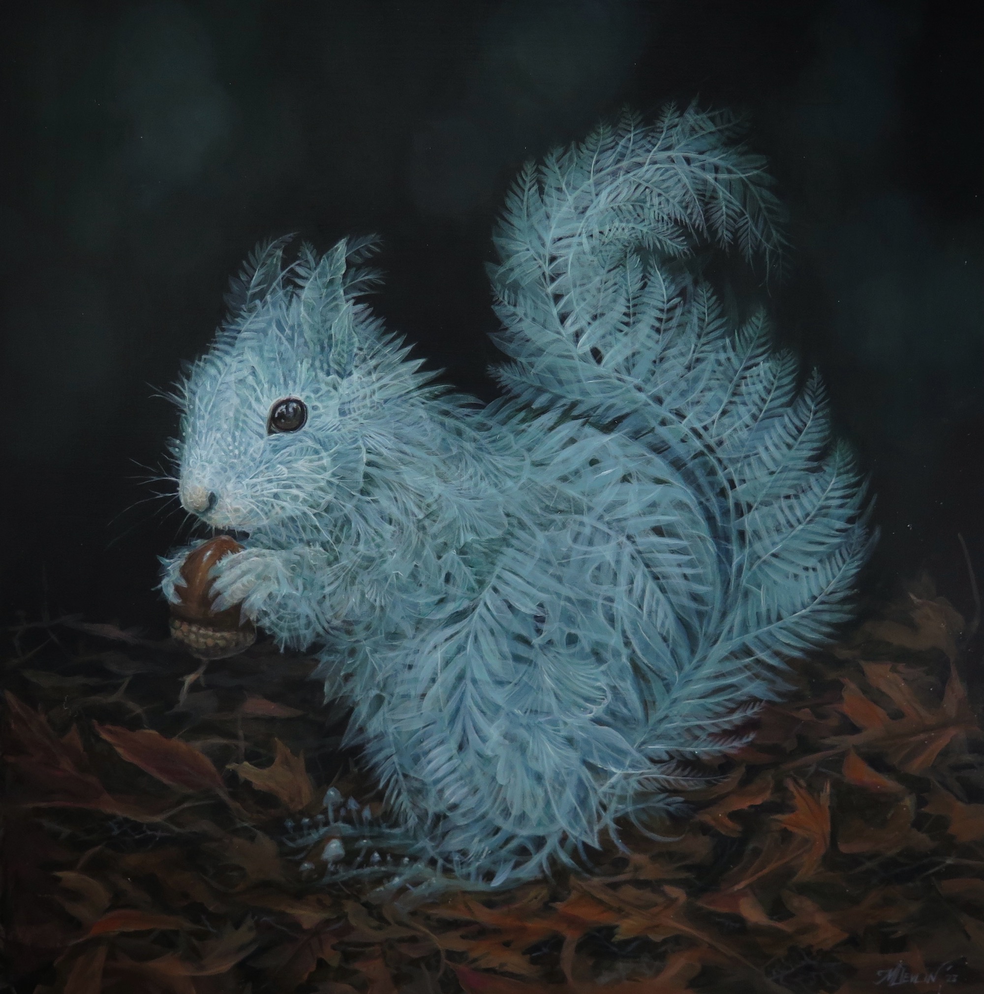 an acrylic painting of a squirrel eating a nut, with a body made of ghostly plants