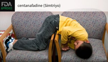 FDA APPROVED centanafadine (Simtriyo) over a photo of a little boy sprawled over chairs in a waiting room.