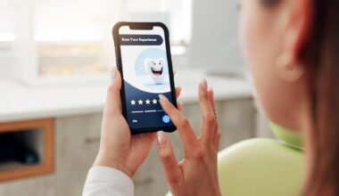 Hands, woman and phone screen in dentist office for consultation, inquiry and service reviews. Person, patient and mobile app for dental website, appointment survey and information for oral treatment