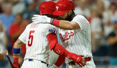 Phillies Brandon Marsh celebrates his sixth-inning solo home run with teammate Bryson Stott against the Los Angeles Dodgers.