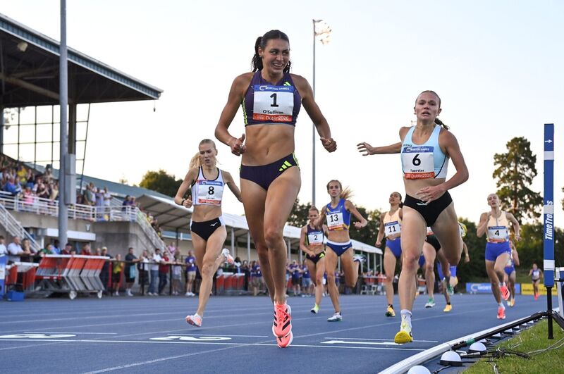 Sophie O'Sullivan of Ireland crosses the finish line to win the Fashionflo women's 1500m during the Morton Games at Morton Stadium in Santry, Dublin. Photo by Sam Barnes/Sportsfile