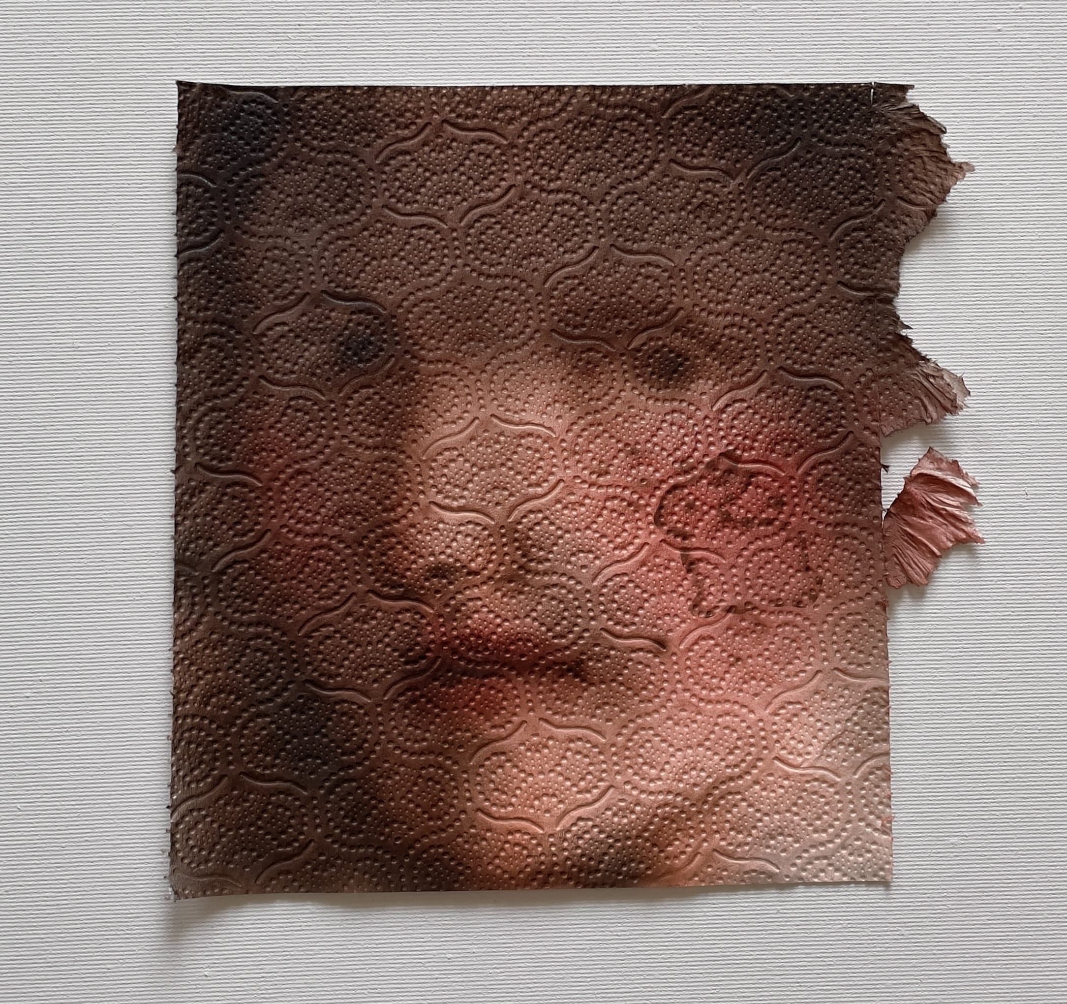 a painting of a man's face with a mark in the shape of a rabbit on his cheek, inspired by a Renaissance portrait, on a torn sheet of paper towel