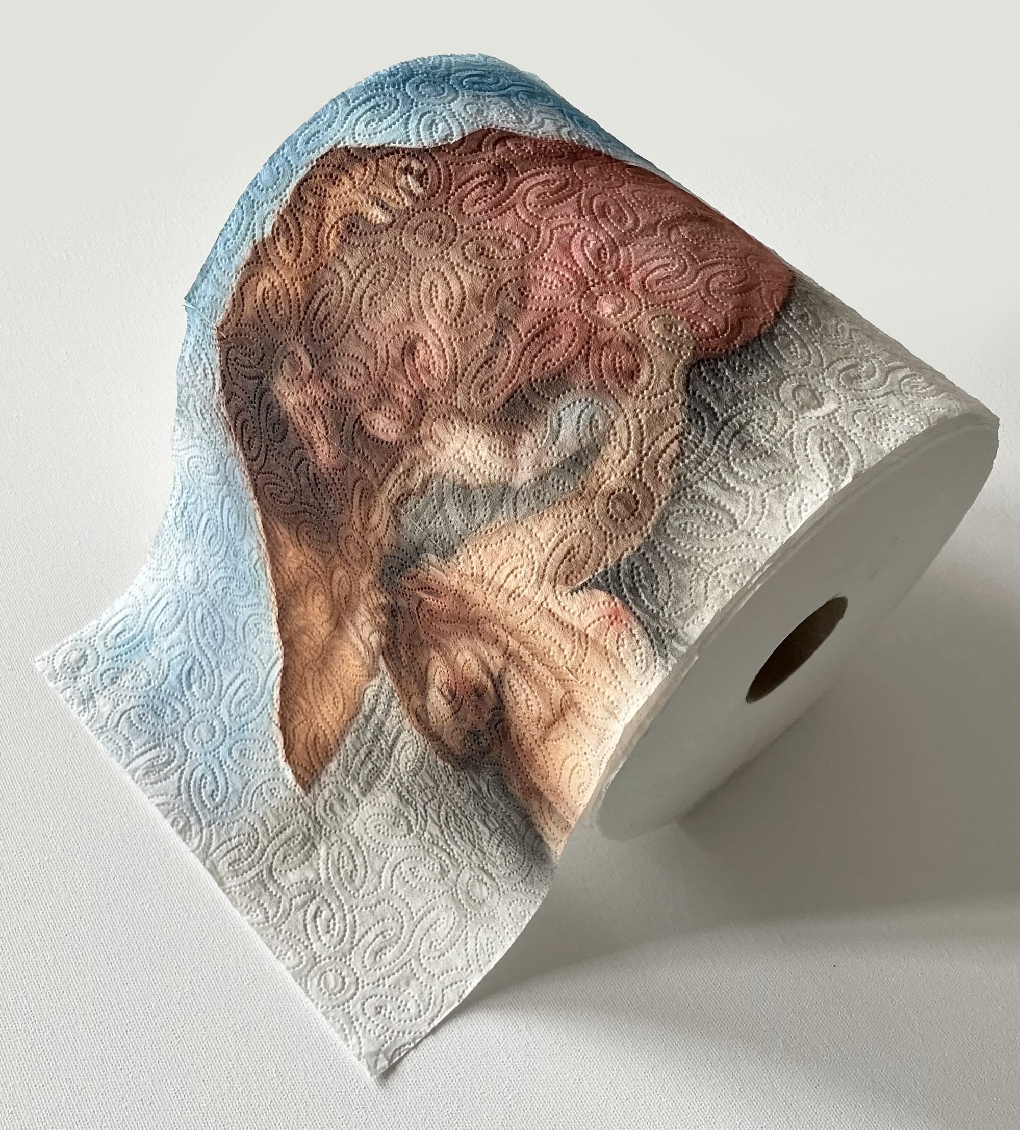 a painting of a hand and breast from a Renaissance painting on on paper towel