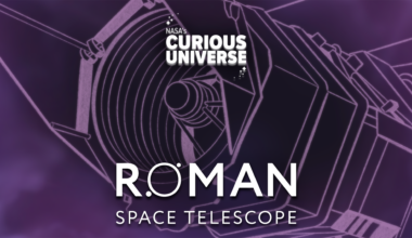 Artwork for Roman Space Telescope miniseries of NASA's podcast Curious Universe. The image shows a close, detailed rendering of the Nancy Grace Roman Space Telescope. The logo "Roman Space Telescope" is bottom center, and the logo "Curious Universe" is top center of the frame.