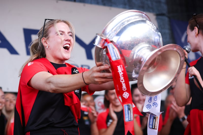 Cork's Libby Coppinger lifts the O’Duffy Cup. Photograph: Tom Maher/Inpho