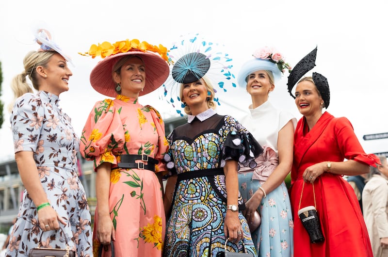 Lisa Walsh, Ann Marie Dunning, Breda Butler, Jennie Ryan and Aíne Malone dressed to impress for Ladies Day. Photo: Sam Boal/Collins Photos