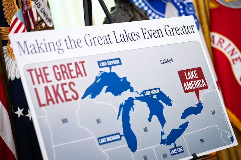 'Making the Great Lakes Even Greater' signage during an executive order signing in the Oval Office of the White House on Thursday. Photograph: Al Drago/The Washington Post/Bloomberg 