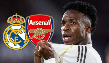 Real Madrid badge, Arsenal badge and Vinicius Junior - copyright F365