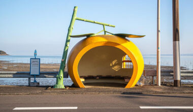 japan's fruit-shaped bus stops offer travelers a sweeter shelter