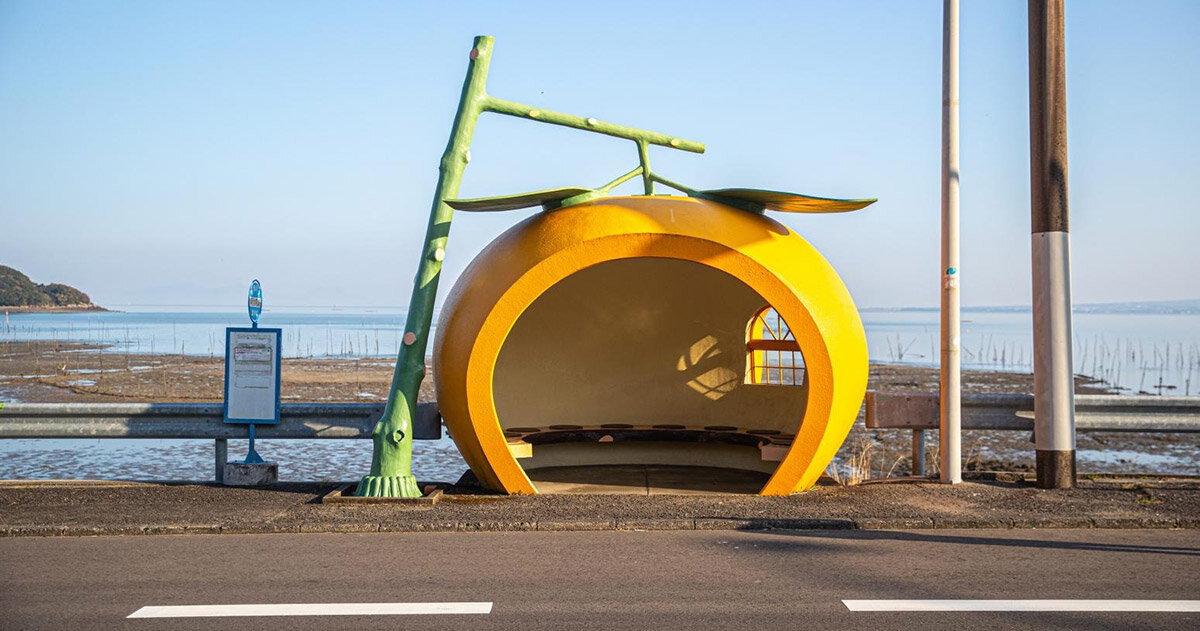 japan's fruit-shaped bus stops offer travelers a sweeter shelter