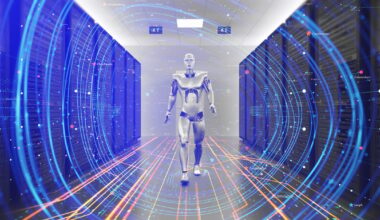 A robot walking inside a data center with server racks.