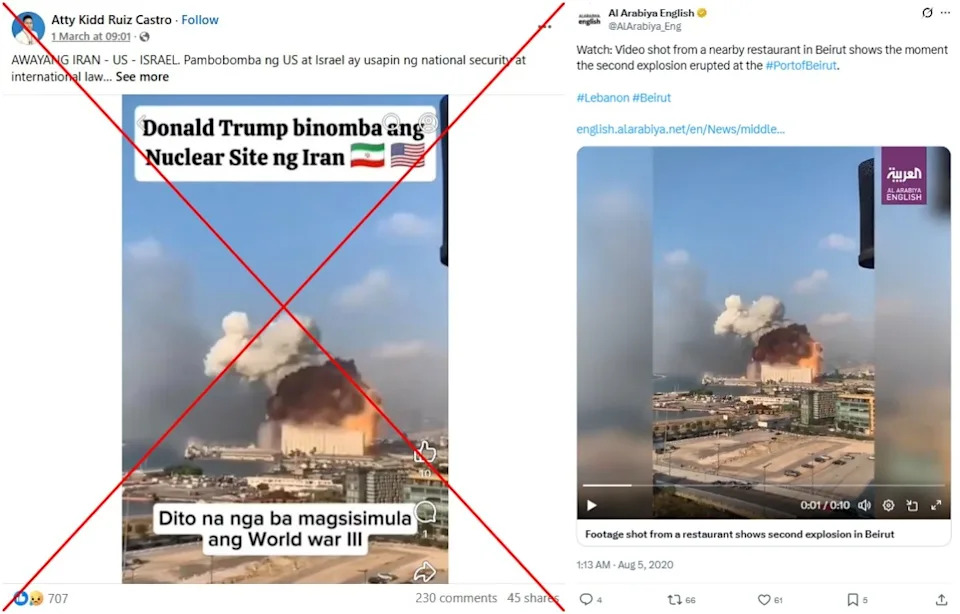 <span>Screenshot comparison of the falsely shared image (L) and the clip posted by Al-Arabiya</span>