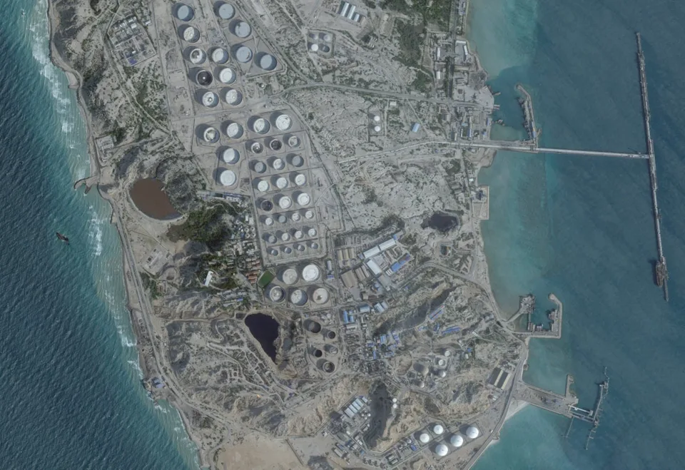 A satellite image shows an oil terminal at Kharg Island (Planet Labs PBC)