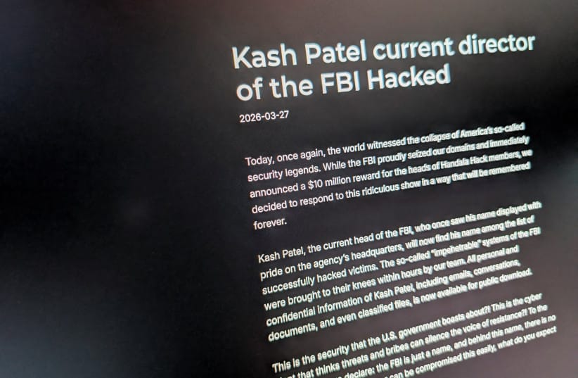 The website used by the Handala Hack Team, an Iran-linked hacker group which has claimed credit for the breach of FBI Director Kash Patel’s personal email, is shown on a screen in Washington DC, US, March 27, 2026.