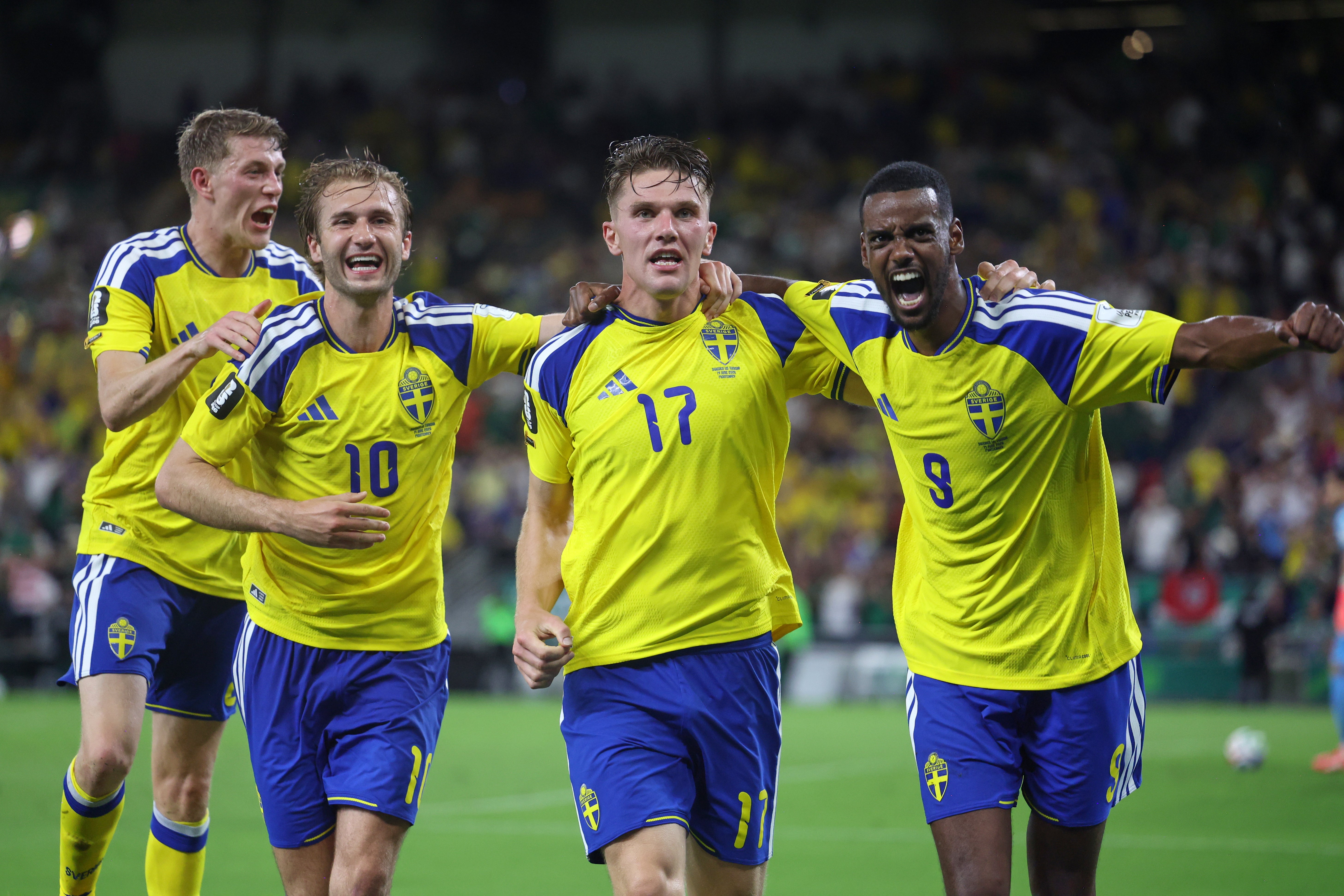 Alexander Bernhardsson (left), Benjamin Nygren (10) and Alexander Isak (9) celebrate with Viktor Gyokeres (17)