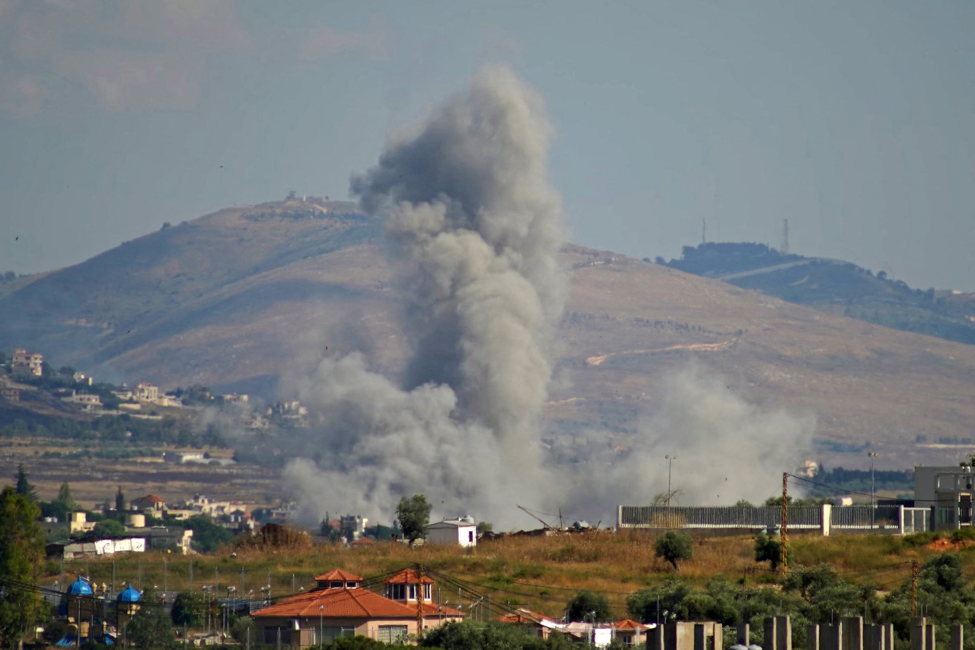 Smoke rises from the site of an Israeli airstrike that targeted the southern Lebanese village of Kfar Tibnit on Saturday