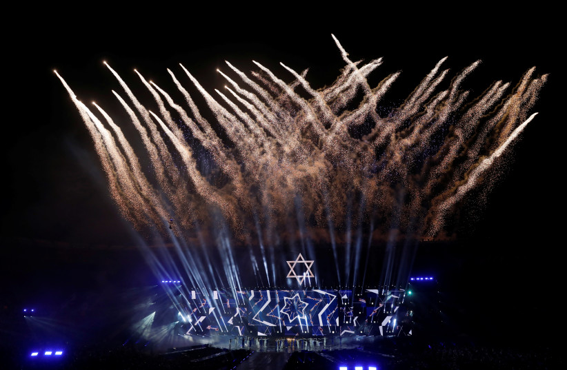 Fireworks on display at the July 6, 2017, opening ceremony of the 20th Maccabiah Games, the quadrennial Jewish sports extravaganza that is set to open this year at Jerusalem’s Teddy Stadium.