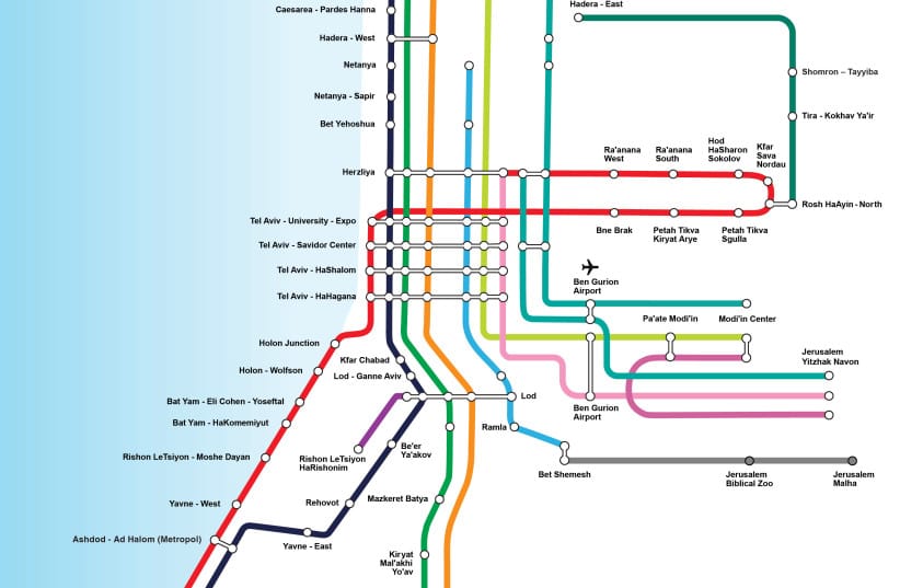 The new Eastern Rail Line (dark green) amid the larger Israel Railways network.