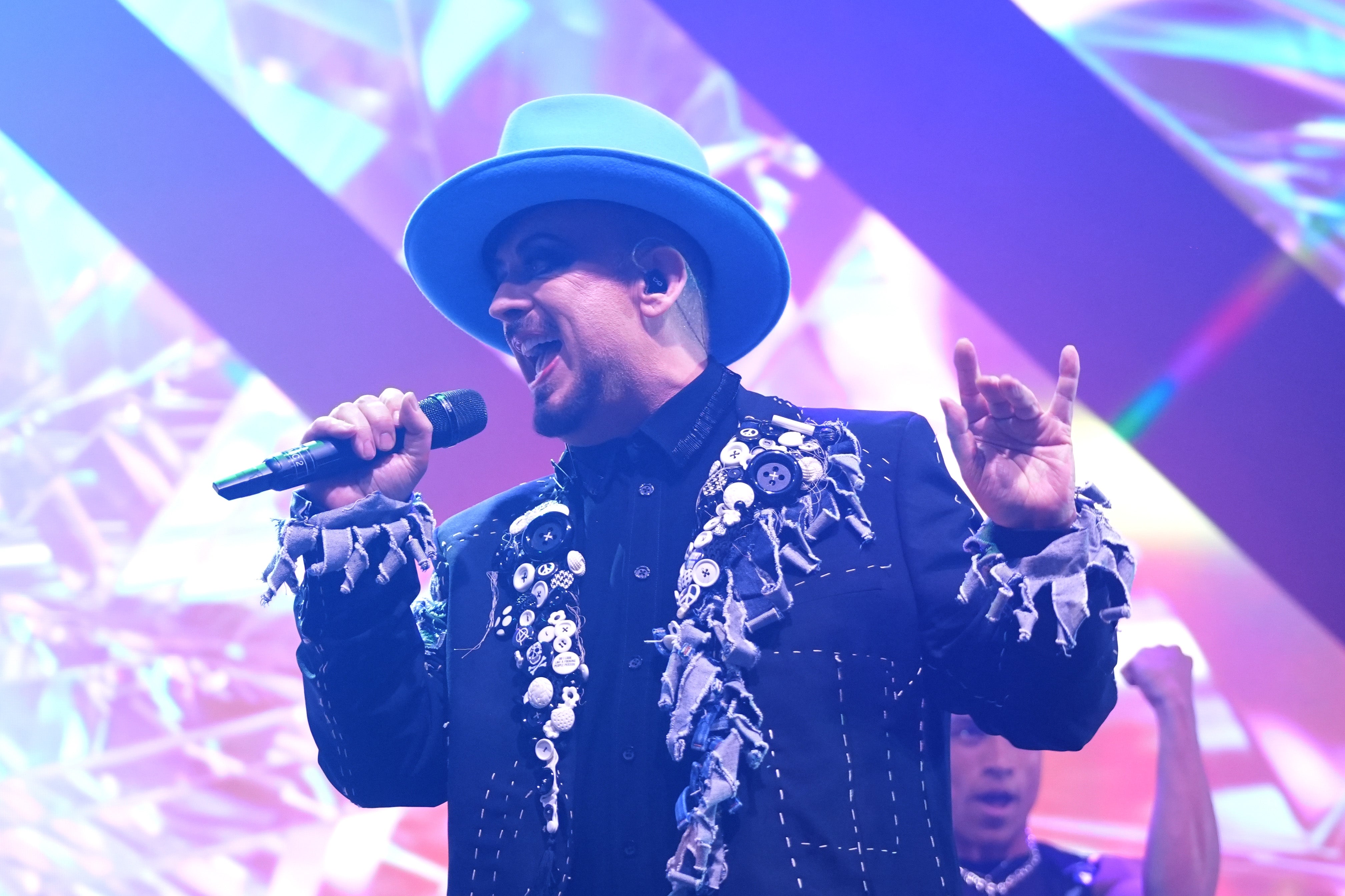 Boy George performing in the 2026 Eurovision Song Contest