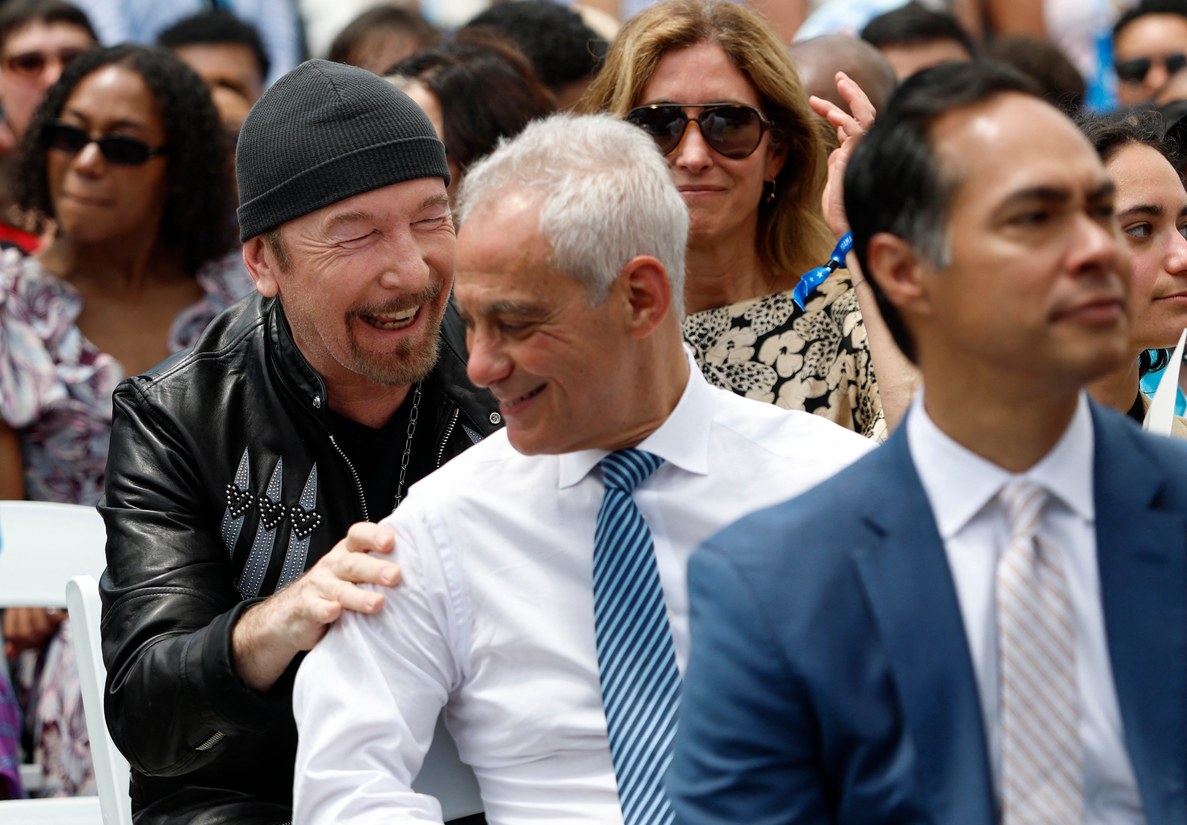 Irish musician The Edge (L) and Former White House Chief of Staff Rahm Emanuel attend opening day of the Barack Obama Presidential Center