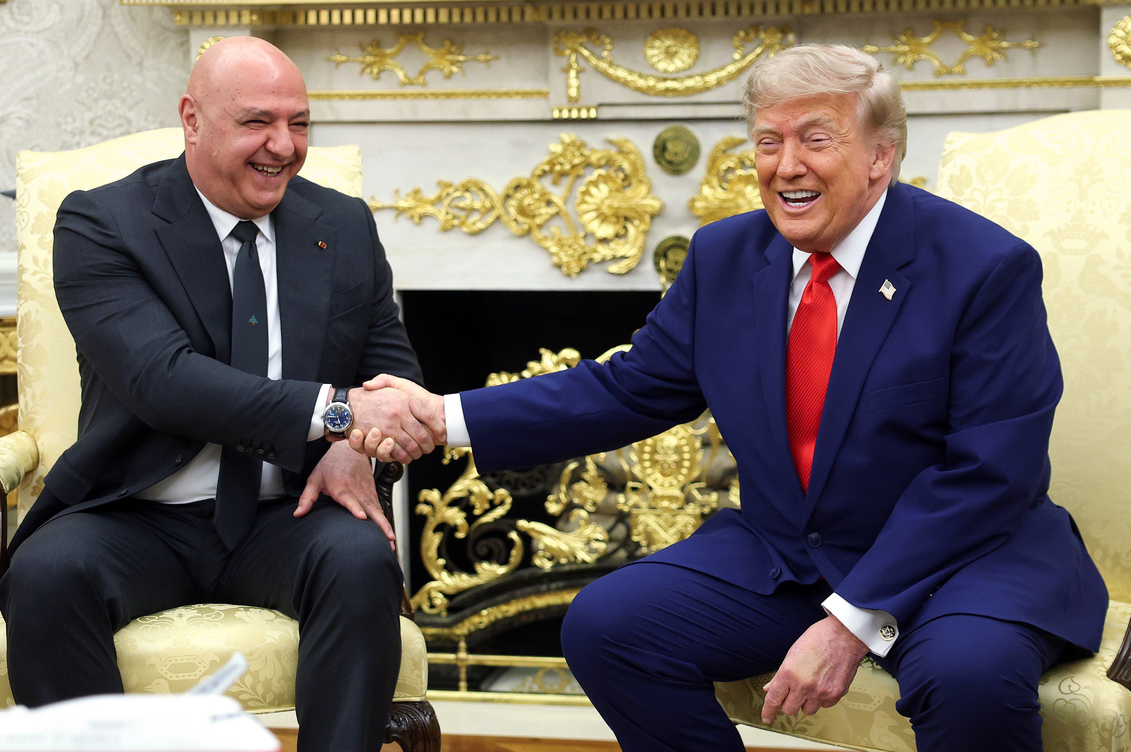 President Donald Trump shakes hands with President of Lebanon Joseph Aoun