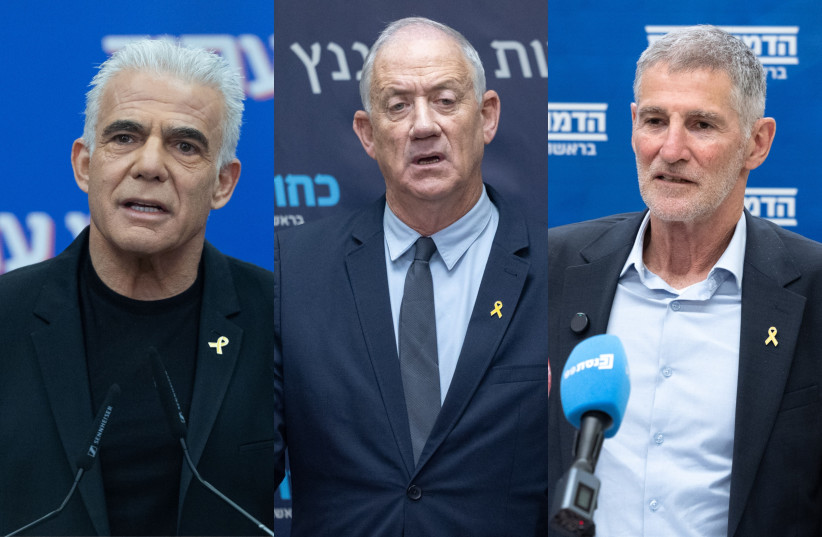 Opposition party leaders Yair Golan, Yair Lapid, and Benny Gantz. Israel’s opposition needs to find unity, the writer says.
