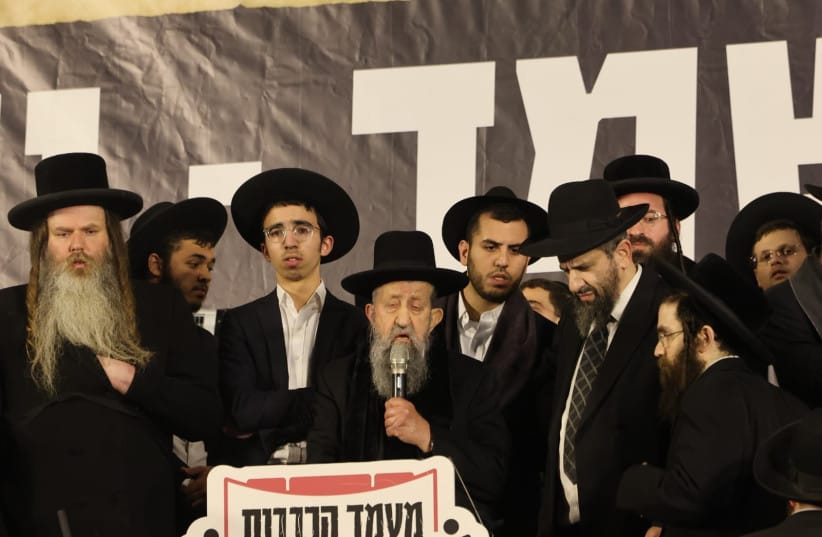 Haredi rabbis speak at mass protest against draft law in Jerusalem, January 6, 2026.