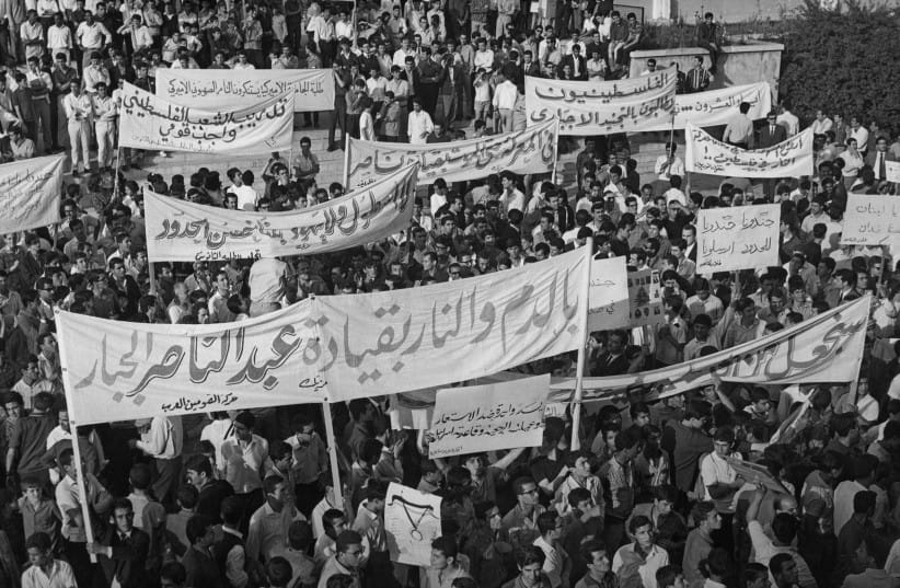 A large demonstration taking place in Beirut, Lebanon, in protest at US support for Israel during the period of increased tension in the weeks leading up to the Six-Day War, 27th May 1967.