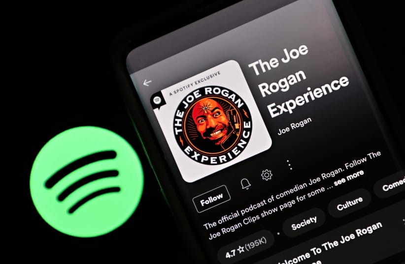 In this photo illustration, ''The Joe Rogan Experience'' podcast is viewed on Spotify's mobile app on January 31, 2022 in New York City.