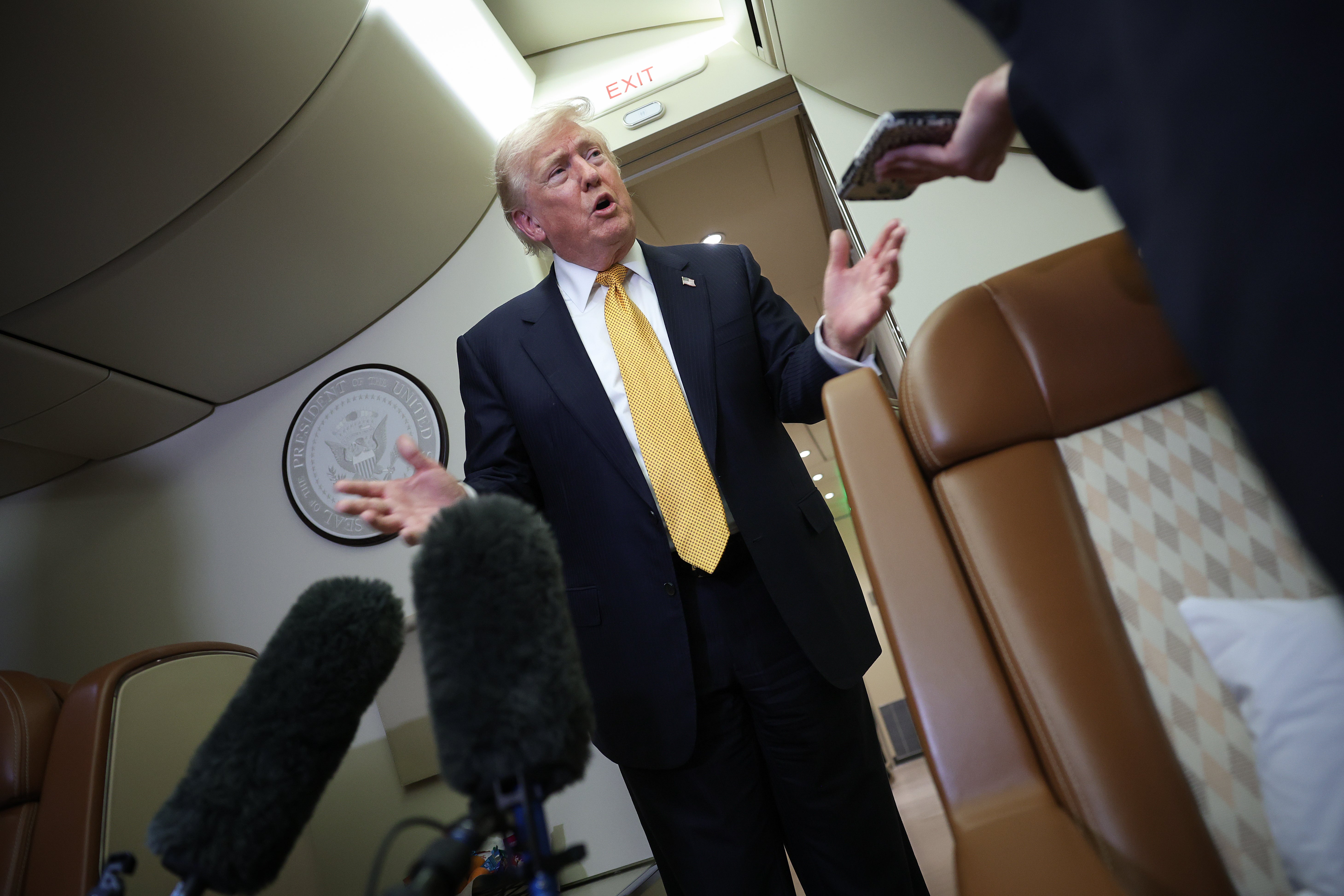 The president spoke to the press back on board Air Force One at RAF Mildenhall in eastern England before completing the final leg of the return journey to Washington