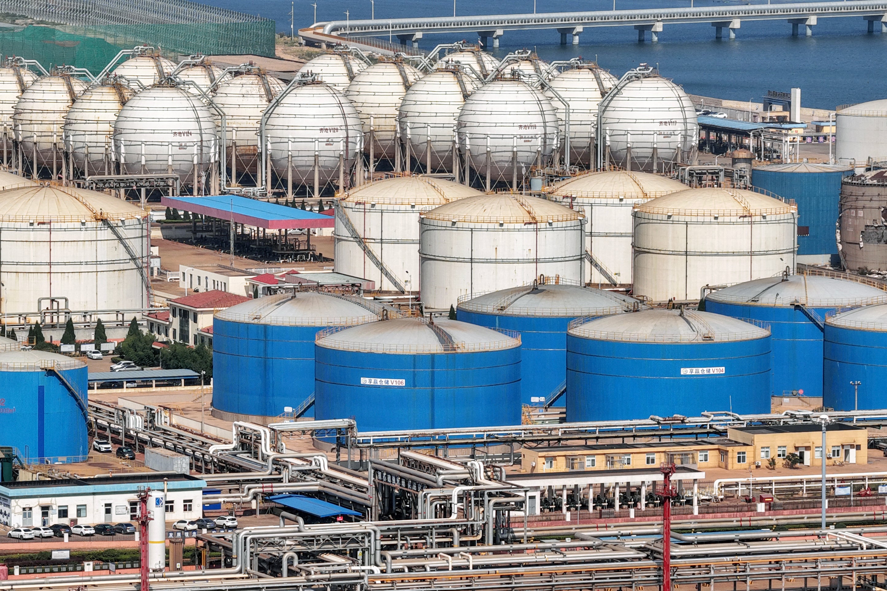 Tanks are seen at a Sinopec Company oil and LNG storage and transportation base in Longkou, Shandong province, eastern China, on August 2, 2026.