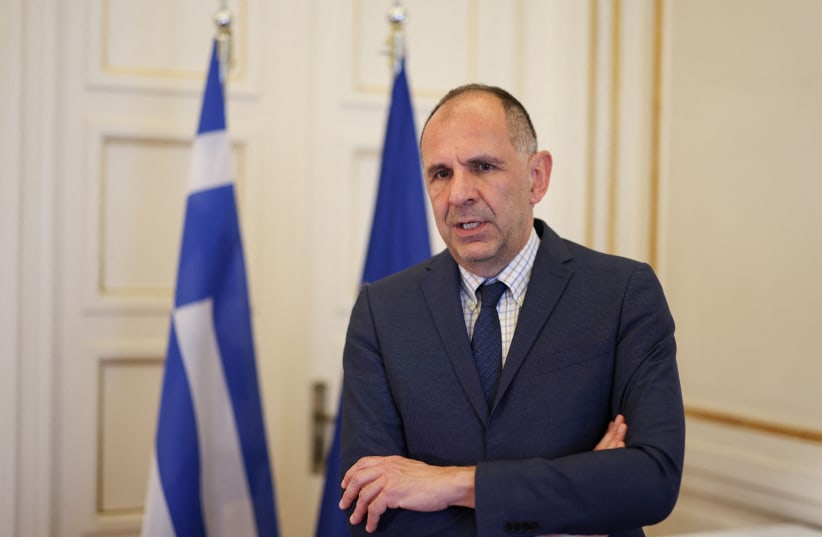  Greek Foreign Minister George Gerapetritis talks during an interview with Reuters, at the Ministry of Foreign Affairs in Athens,Greece, June 18, 2024.