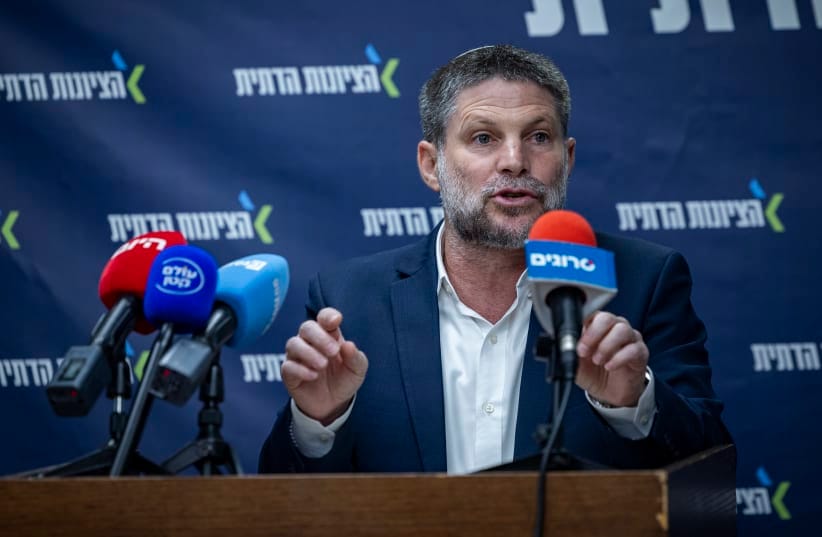 Minister of Finance and Head of the Religious Zionist Party Bezalel Smotrich leads a faction meeting at the Knesset, the Israeli parliament in Jerusalem, July 6, 2026.