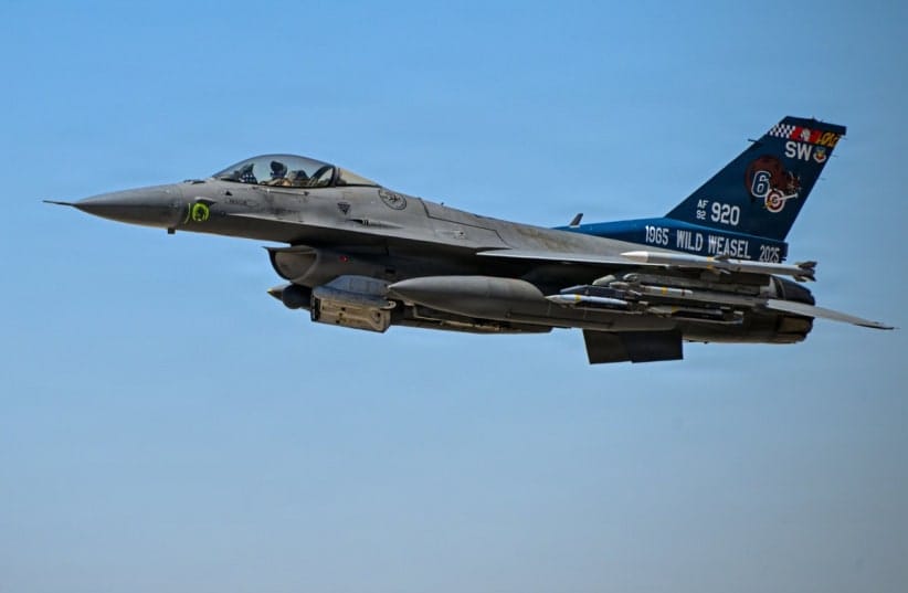 A US Air Force F-16 fighter jet takes off from a base in the Middle East, July 23, 2026.