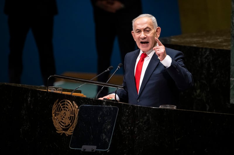 Israeli prime minister Binyamin Netanyahu addresses the UN General Assembly in New York. Photograph: Dave Sanders/The New York Times