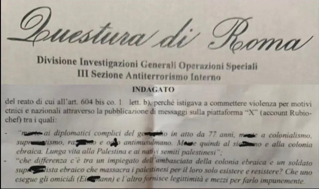 Chef Rubio perquisito dall'antiterrorismo «per i post contro Israele sui social». Sequestrato il pc