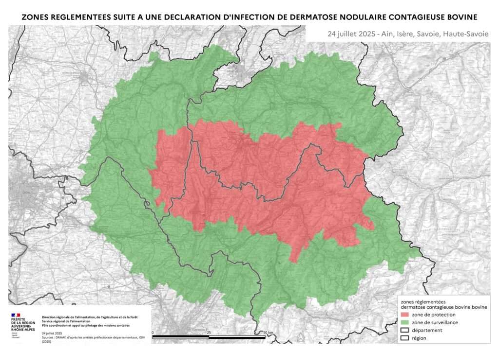 Carte de zonage dermatose nodulaire bovine au 28 juillet 2025 (c) préfecture de la région auvergne rhône alpes