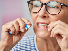 Un'immagine di una donna che passa il filo interdentale. Il filo interdentale potrebbe diventare un nuovo mezzo di vaccinazione (Fonte: Immagine generata dall'AI)