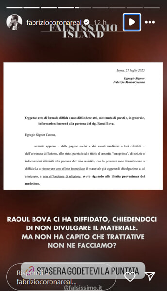 La storia di Corna in cui mostra la diffida di Bova