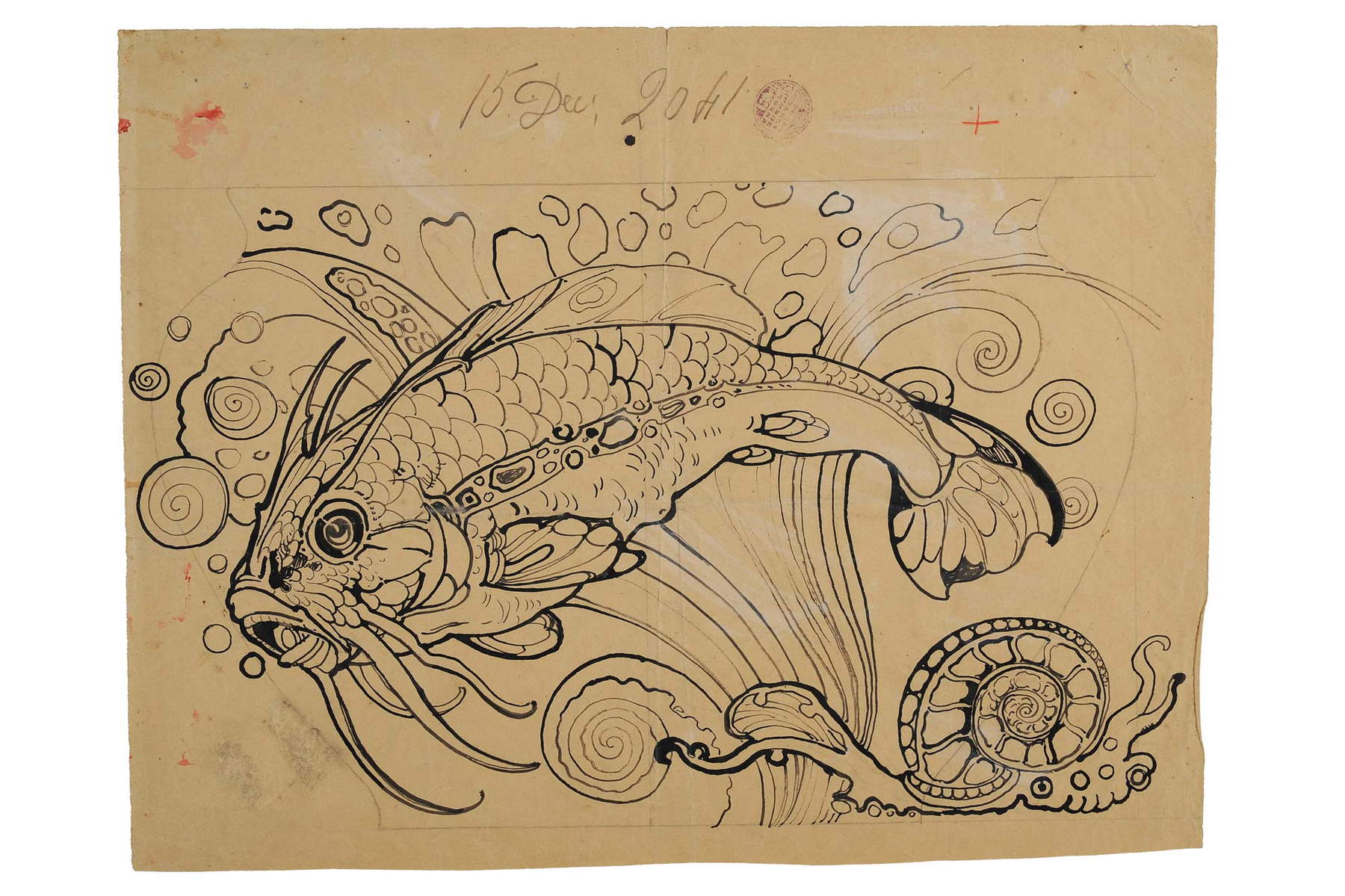Galileo Chini, Studio per decoro con pesce gatto (1906 - 1912 circa, inchiostro su carta, Collezione privata)